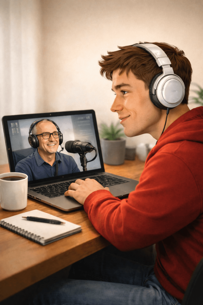 Informaticien écoutant un podcast pour apprendre les metiers de l'IT.