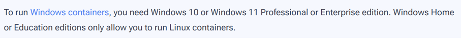 Message d'erreur de Docker, indiquant que l'on ne peut pas installer Docker sur une version autre que Professionnal ou Entreprise